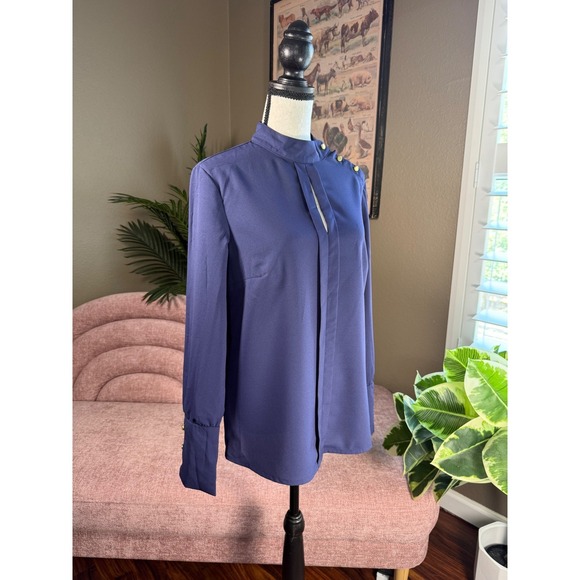 Stile Benetton Women's Navy Blue Long Sleeve Button Mock Neck Blouse Top - Picture 2 of 11